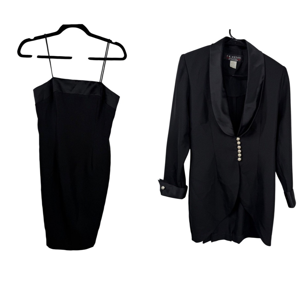 Vintage J. R. Nites Petites Tuxedo Jacket and Dress Black Sz 3/4 Cocktail Glam
